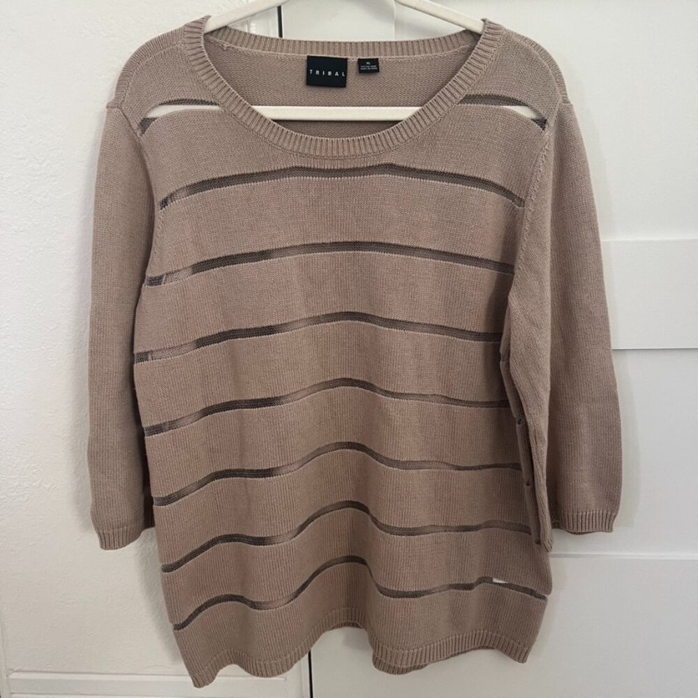 Tribal women's crew neck sweater with sheer horizontal stripes beige size xl